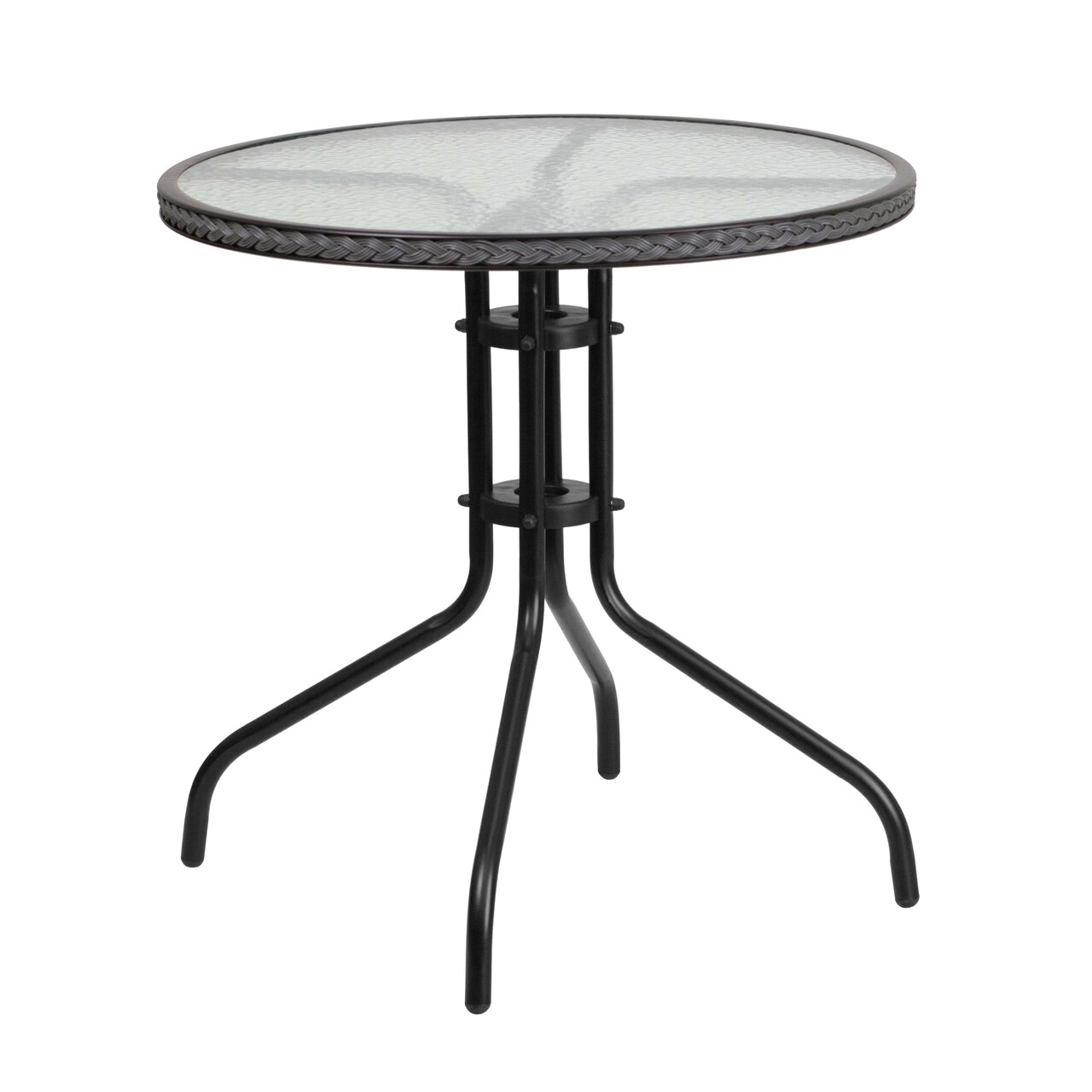 Emma and Oliver 28" Round Tempered Glass Metal Table with Rattan Edging